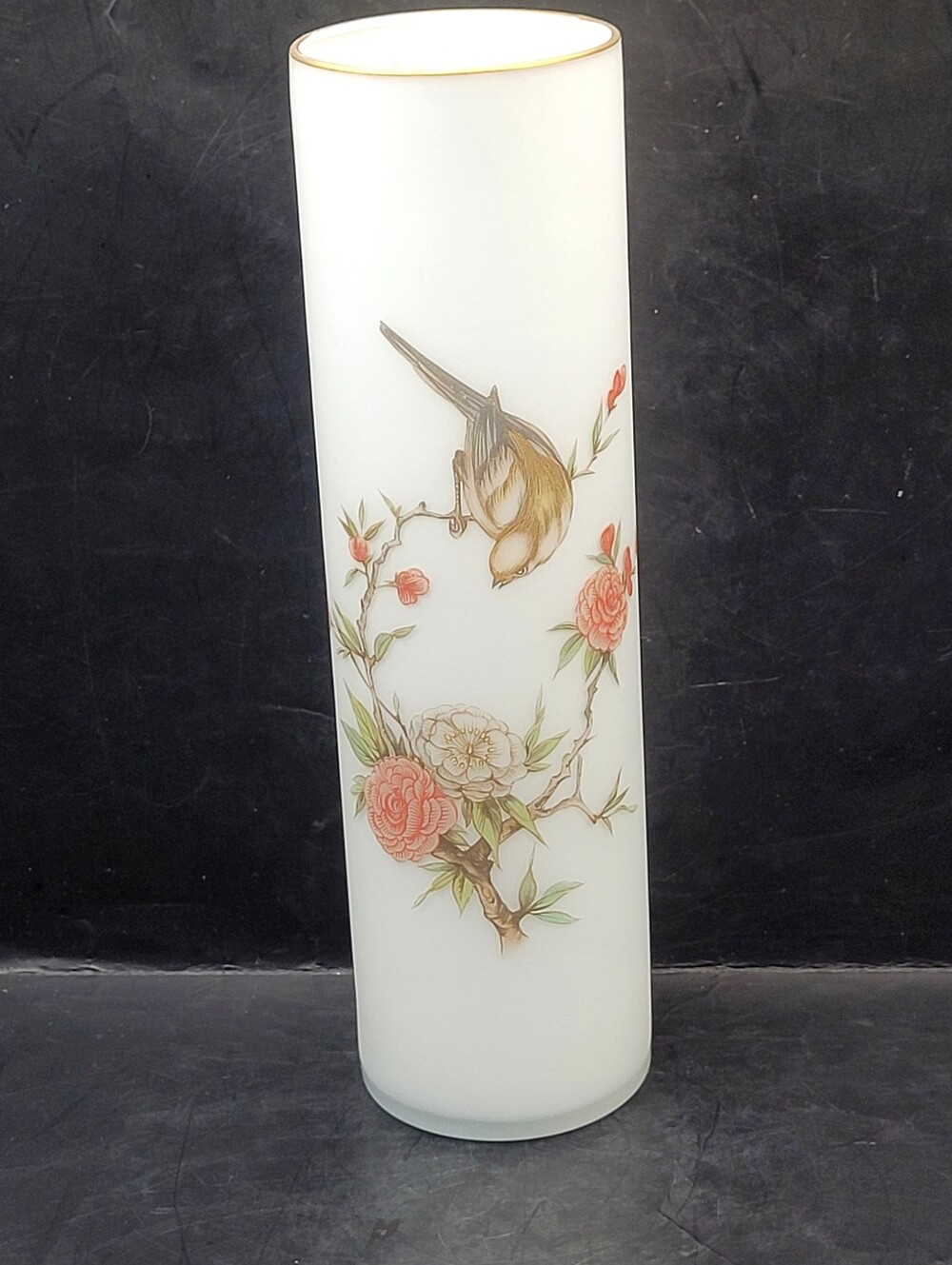 White Satin Glass Bird and Flower Vase Made in Italy Norleans Vintage 9.75in